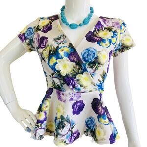 ASOS Purple White Blue Yellow Floral Peplum Top Size 4